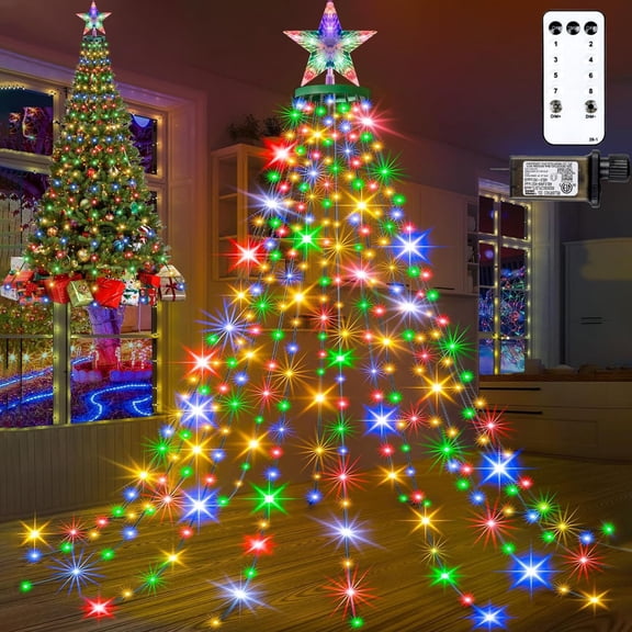 410LED Christmas Tree Lights with Star Topper, Christmas String Lights with Ring for Tree, 6.6FT x 16 Lines Fairy Twinkle Lights 8 Modes Timer Remote for Indoor Outdoor Xmas Tree Decor, Multicolor