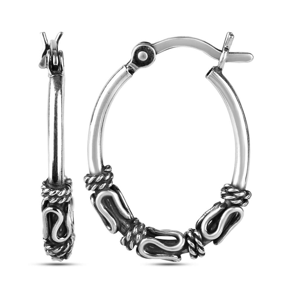 LeCalla 925 Sterling Silver Light-Weight Antique Oxidized Tribal Bali Hoop Earrings Jewelry Gifts for Women and Teen 20MM