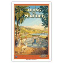 Along the Malibu - California Coast Highway - Motorcoach Touring Company - Vintage Travel Poster by Kerne Erickson - Master Art Print (Unframed) 12in x 18in