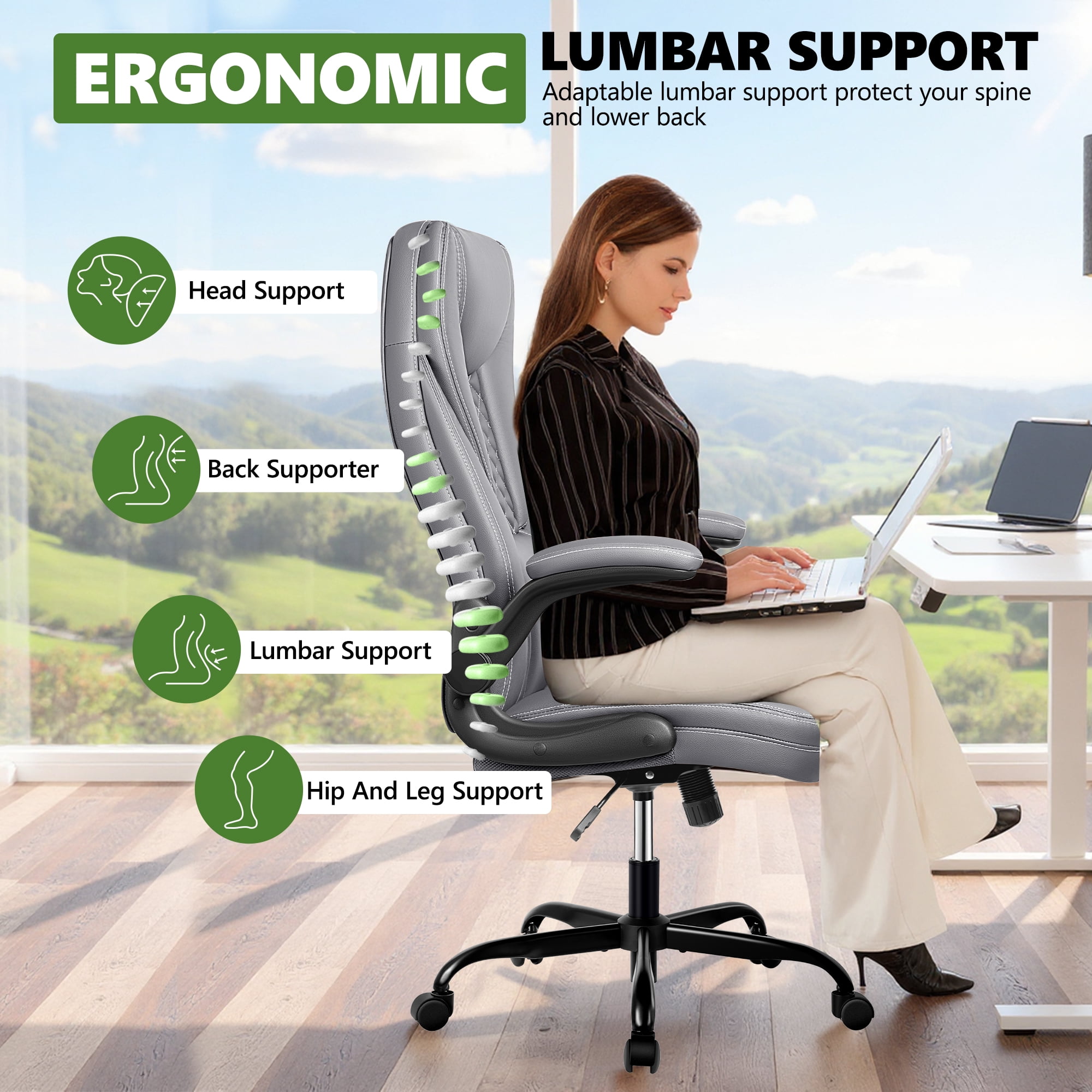 COOLHUT Big and Tall Office Chair, Executive Home Office Desk Chairs, Ergonomic Computer Faux Leather Desk Chair with Adjustable Flip-Up Arms, Lumbar Support Swivel Task Chair, Gray