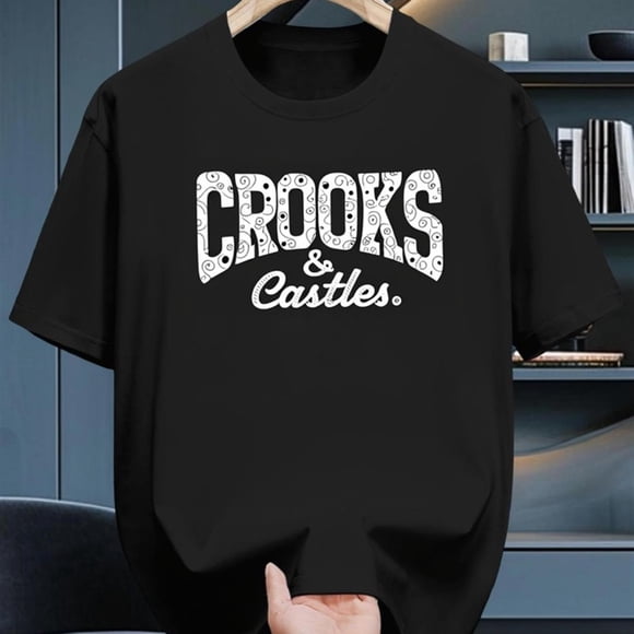 Men'S Black Graphic T-Shirt with "CROOKS & Castles" White Lettering - Soft Breathable Loose Fit Crew Neck Short Sleeve, Casual Streetwear & Everyday Shirt for All-Season Comfort