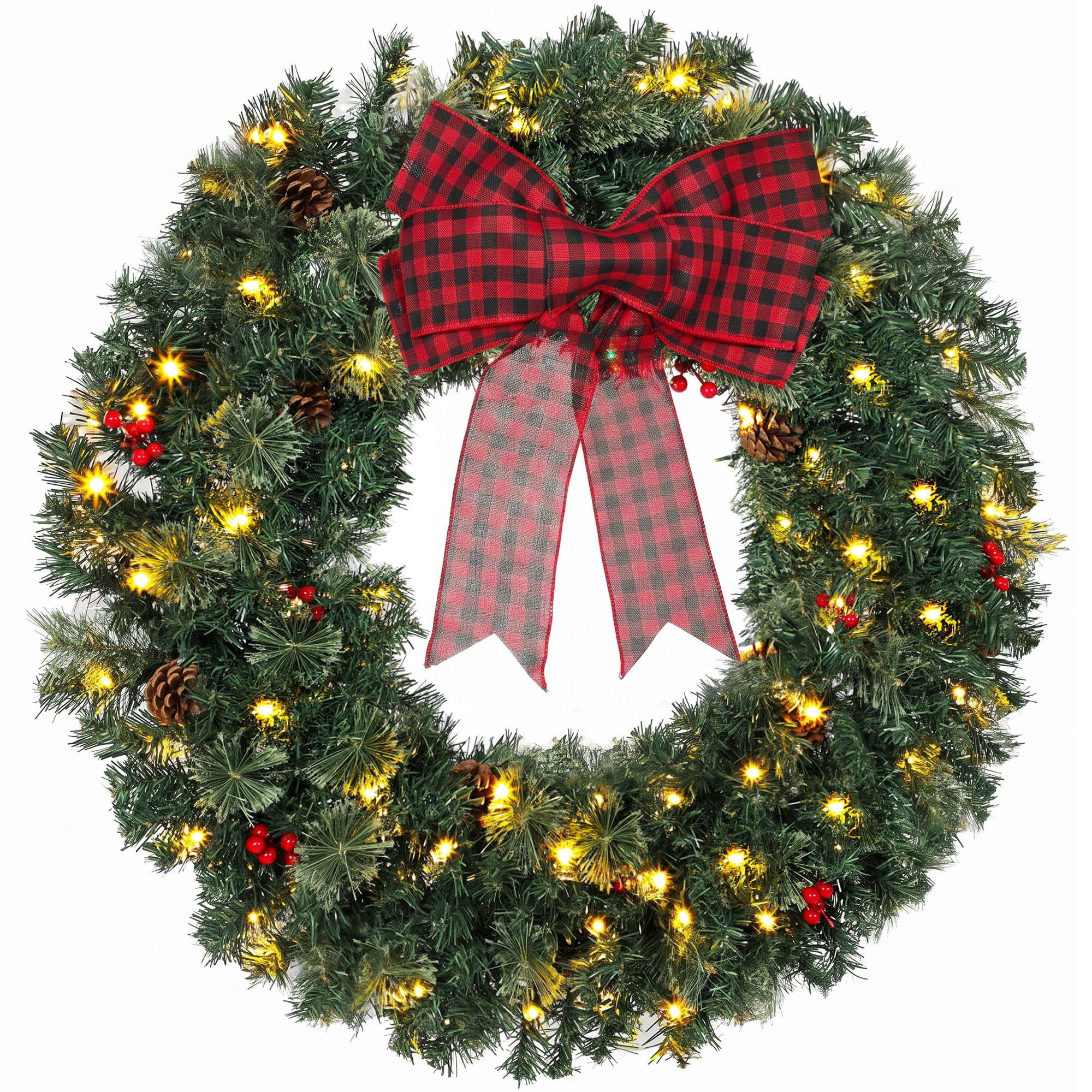 Pre-Lit Artificial Christmas Wreath, 36-Inch Crestwood Spruce with 100 Warm White LED Lights, 8 Modes, Red Berries, Pinecones, Buffalo Plaid Bow, Indoor and Covered Outdoor Use