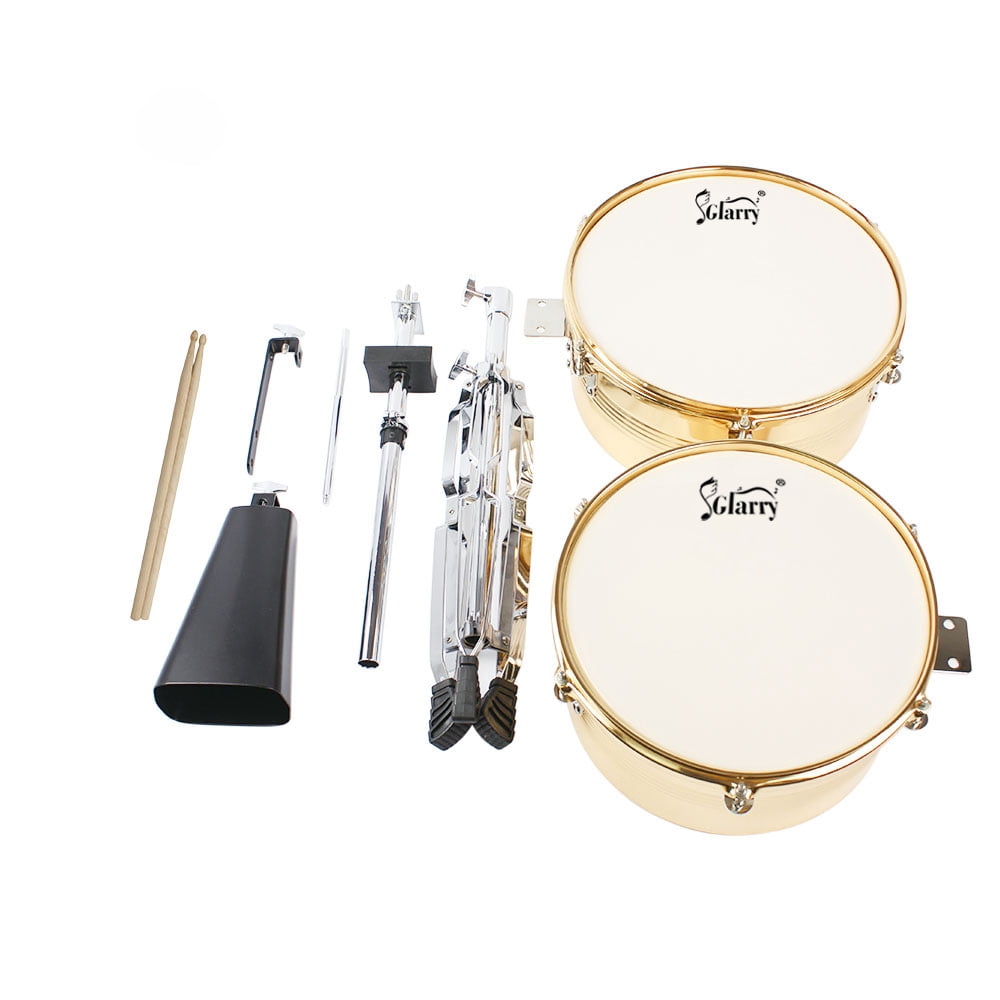 13" & 14" Timbales Drum Set with Stand and Cowbell Golden