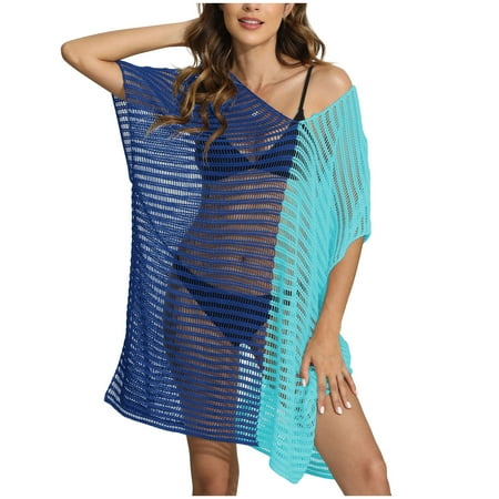 Virmaxy Womens Cover Ups Alluring One Neck Hollow Out Woven Shirt Beach Bikini Cover Ups Alluring One Line Neckline Hollowed Out Woven Shirt Beach Bikini Cover Up Blue One Size