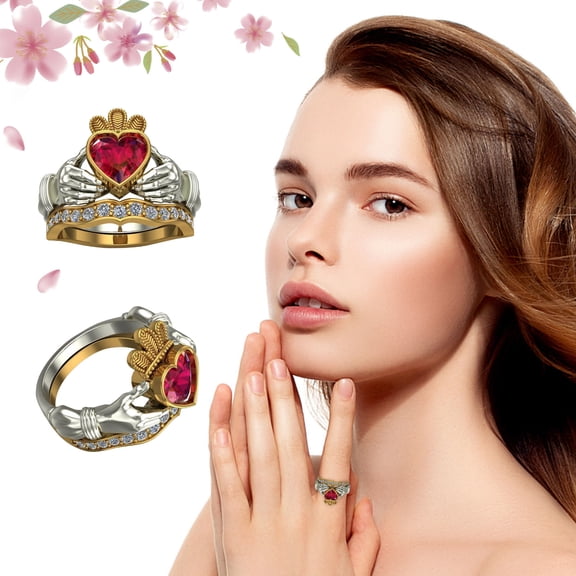 YYKihy Fashion Women's Ring, Holding Red Gemstone Heart-shaped Crown Ring Perfect Gifts