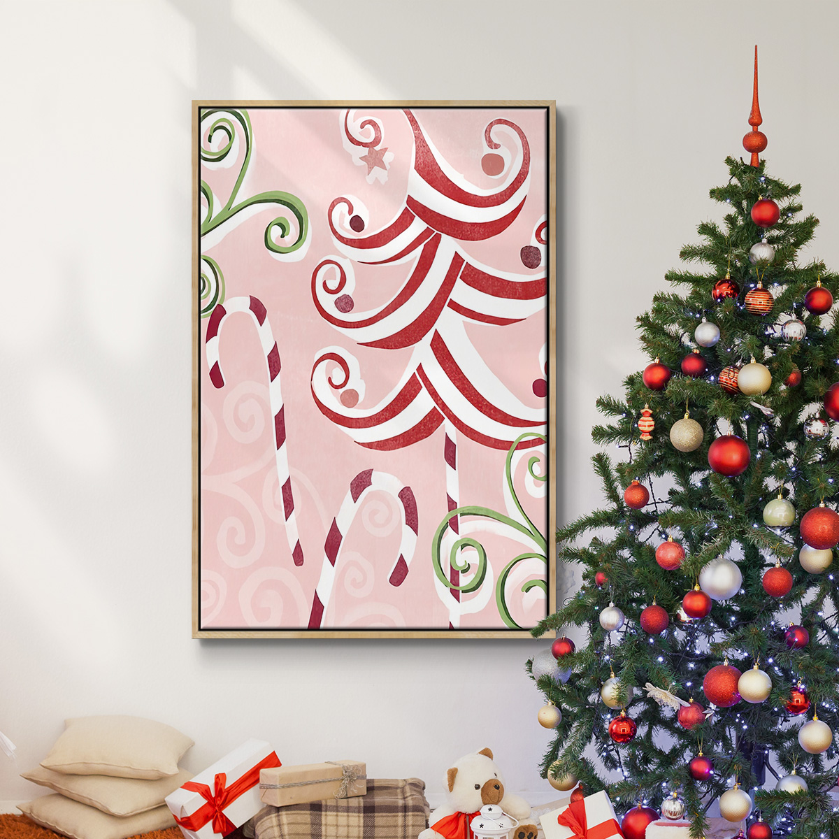 Candy Cane Holiday II - Framed Gallery Wrapped Holiday Canvas - 25 x 37 - Natural Wood Frame