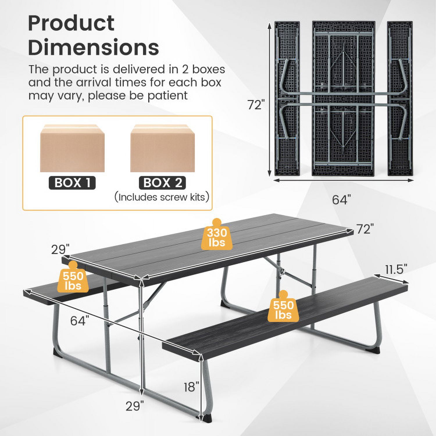 Aimee Lii Folding Picnic Table Set with Metal Frame and All-Weather HDPE Tabletop Umbrella Hole, Outdoor Patio Furniture, Black