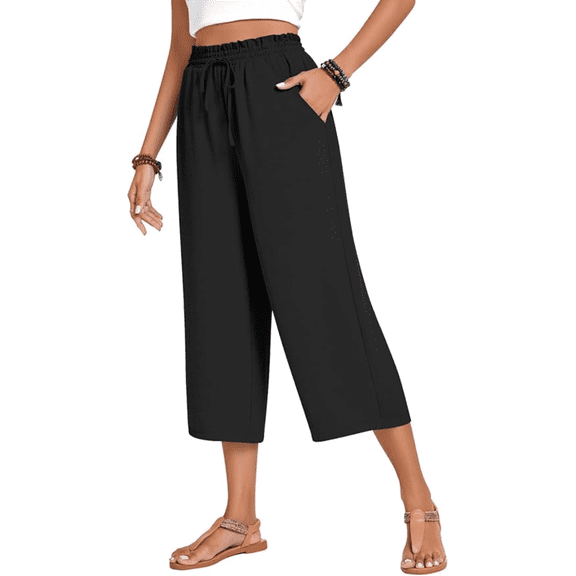 Olaglory Capri Pants for Women Drawstring Casual Palazzo Trousers with Pockets Loose High Waisted Wide Leg Lounge Lightweight Flowy Pants for women Summer, Black