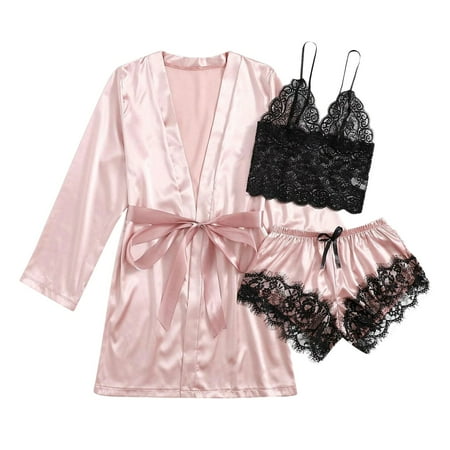 ASFGIMUJ Women  Silk Satin Pajamas Set 3Pcs Lingerie Floral Lace Sleepwear With Robe Size S