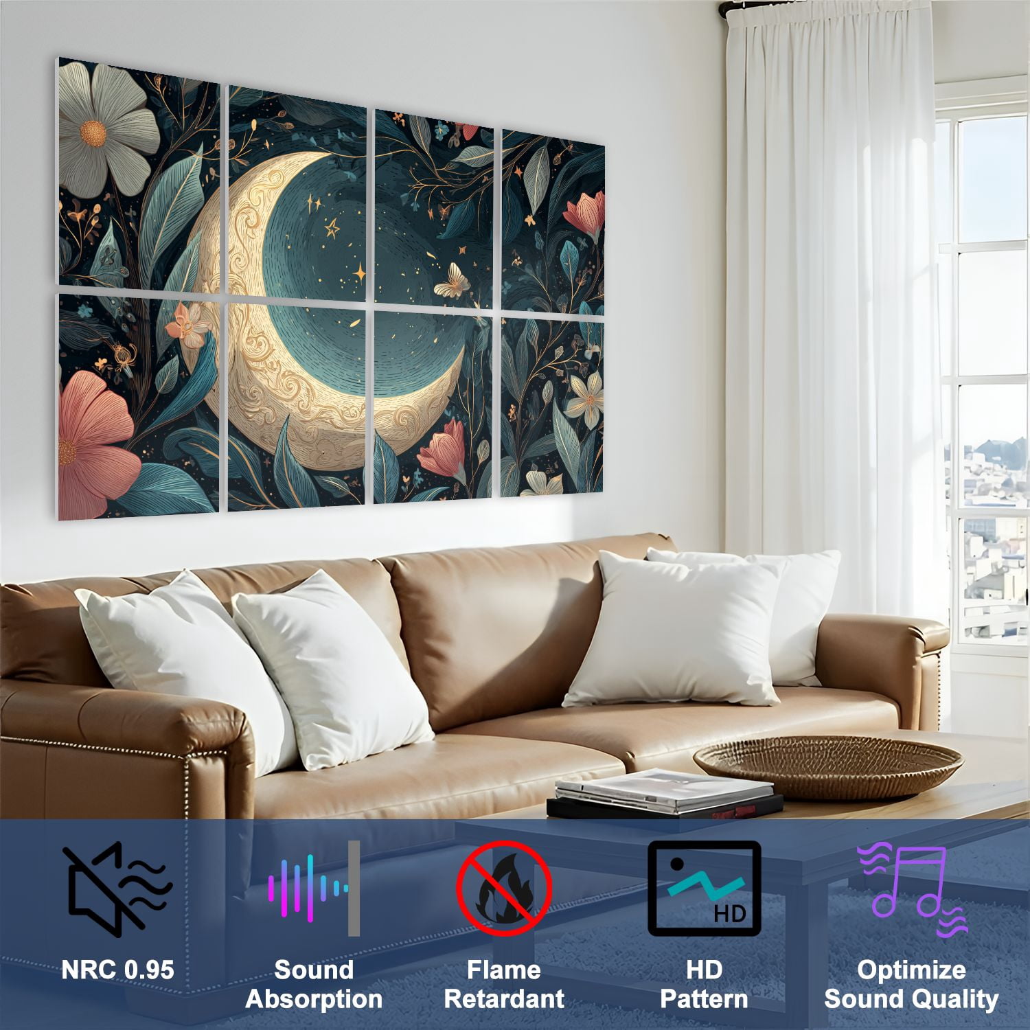 8 Pack Art Acoustic Panels Sound Absorbing Vintage Dark Moon Botanical Night Forest 3D Texture Hand Drawn Decorative Soundproof Wall Panels Self Adhesive for Studio Home Office 48"x32"