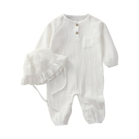 

URMAGIC 0-24 Months Newborn Infant Baby Girl Outfit Clothes Toddler Solid Cotton Long Sleeve Bodysuit Romper With Hat 2PCS Jumpsuit Set