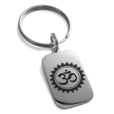 Stainless Steel Sacred Lotus Sanskrit Om Engraved Small Rectangle Dog Tag Charm Keychain Keyring