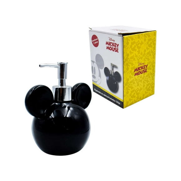 Dispensador de Cerámica para Jabón Líquido Recargable, Colección Disney Clásicos, Modelo Silueta Cabeza Mickey Mouse, Capacidad 335 Ml con Caja Regalo