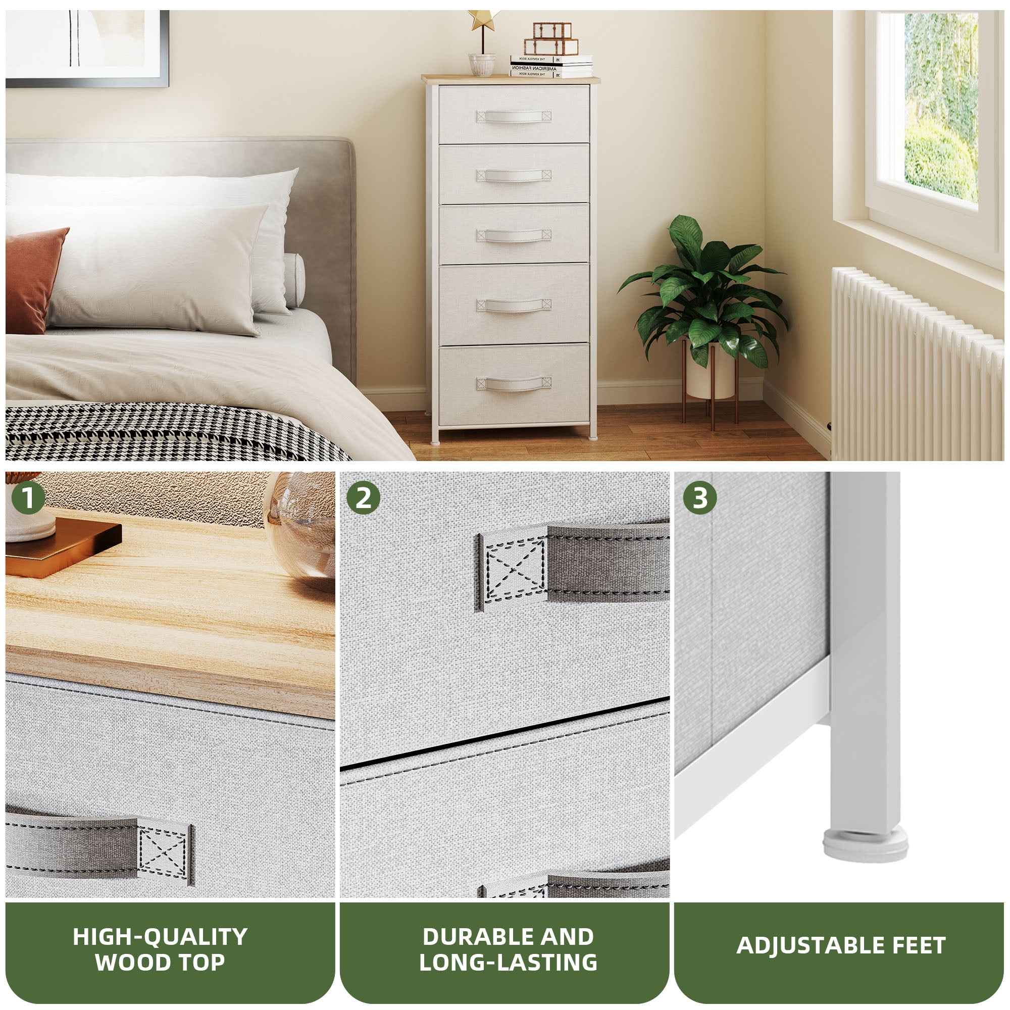 Uforic 5-Drawer Vertical Dresser,Fabric Storage Tower with Steel Frame and Wooden Top,Organizer Unit for Living Room and Hallway Light Gray