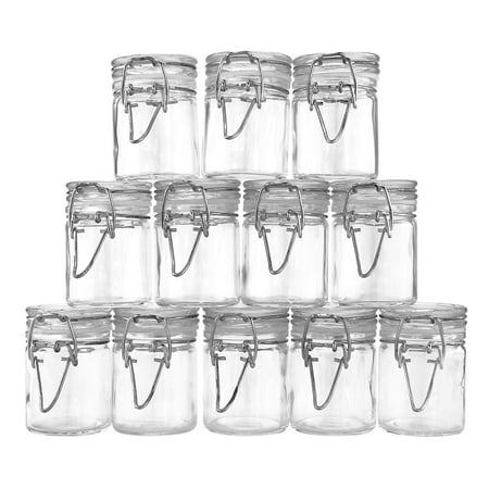 Charmed 1.6 oz Glass Spice, Candy Jar; Airtight Clamp tight hinge lid; 1.75" diameter, 2.25" height; 12 pieces