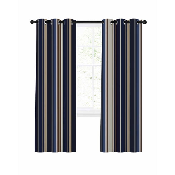 Blue and Brown Geometric Stripe Pattern Blackout Curtains 63 Inches Long for Bedroom, Thermal Insulated Room Darkening Black Out Window Curtain Panels Grommet Drapes for Living Room