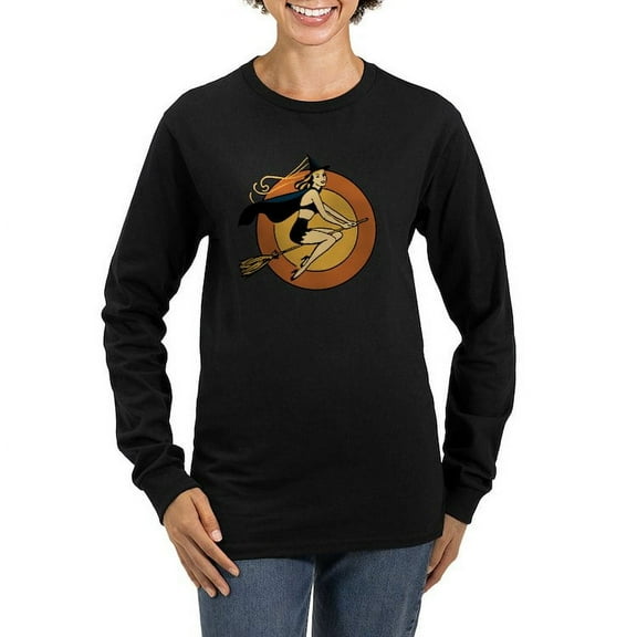 CafePress - Retro Witch Long Sleeve T Shirt - Women's Long Sleeve Graphic Tee Casual Fit