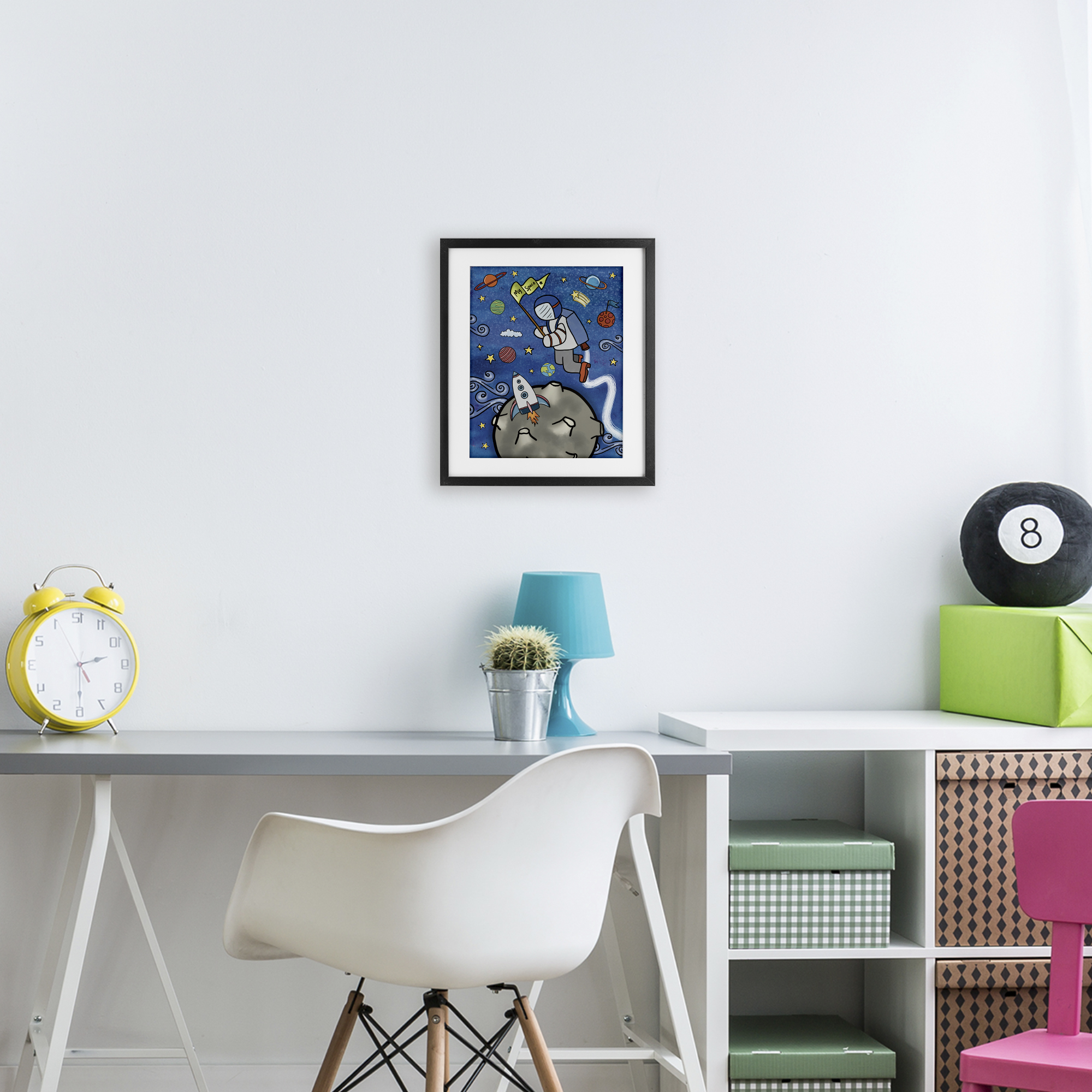 Astronaut Space Adventure Black Framed Print Under Glass, design by Jennifer Stith