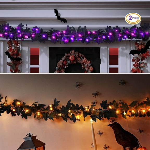RTB-SHareconn 2 Pcs Halloween Black Garlands Decorations with Color Lights and Timer, Fall Leaves Garland Perfect for Home Fireplace Mantle Stairs Wall Dinner Wedding Party Indoor Outdoor Decor
