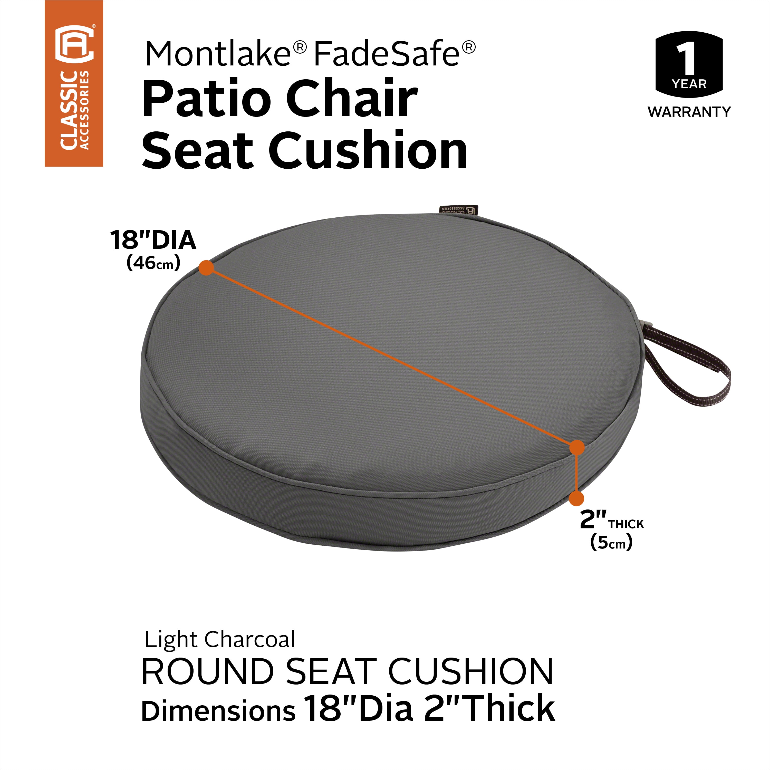 Classic Accessories Montlake FadeSafe Contoured Patio Dining Seat Cushion -  2 Thick - Heavy Duty Outdoor Patio Cushion with WaTE Resistant Backing,  Light Charcoal Grey, 18W x 18D x 2T (62-005-LCHARC-EC)