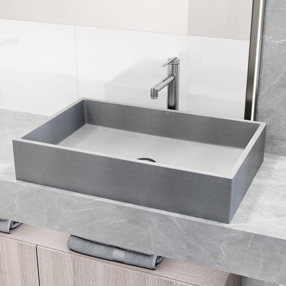 VIGO Orvieto Concreto Stone Rectangular Bathroom Vessel Sink in Gray with Sterling Faucet and Pop-Up Drain in Brushed Nickel-VGT2093