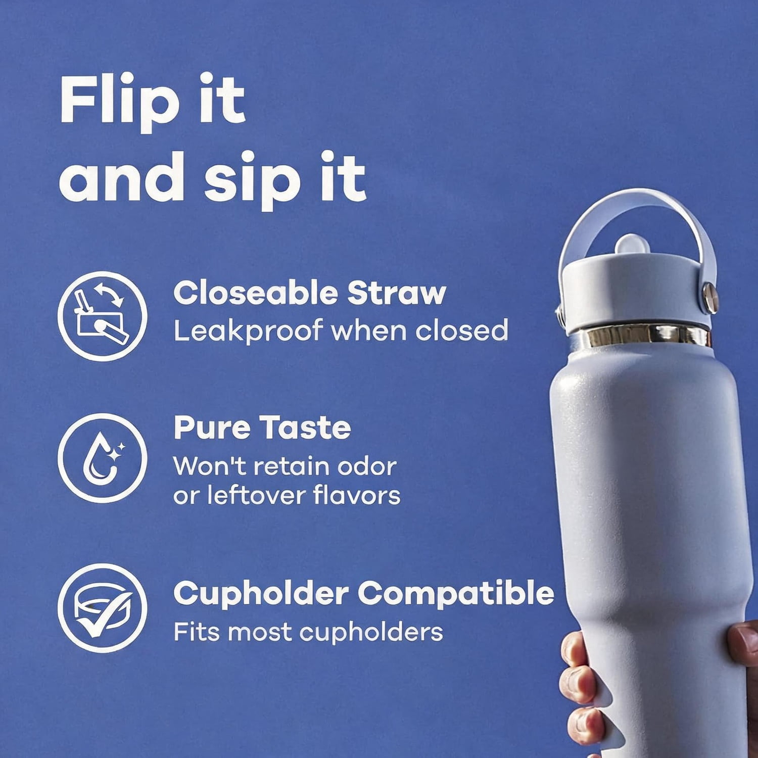 Insulated Stainless Steel Travel Water Bottle with Wide Straw Lid and Non-Spill Leakproof Design 32 Oz White