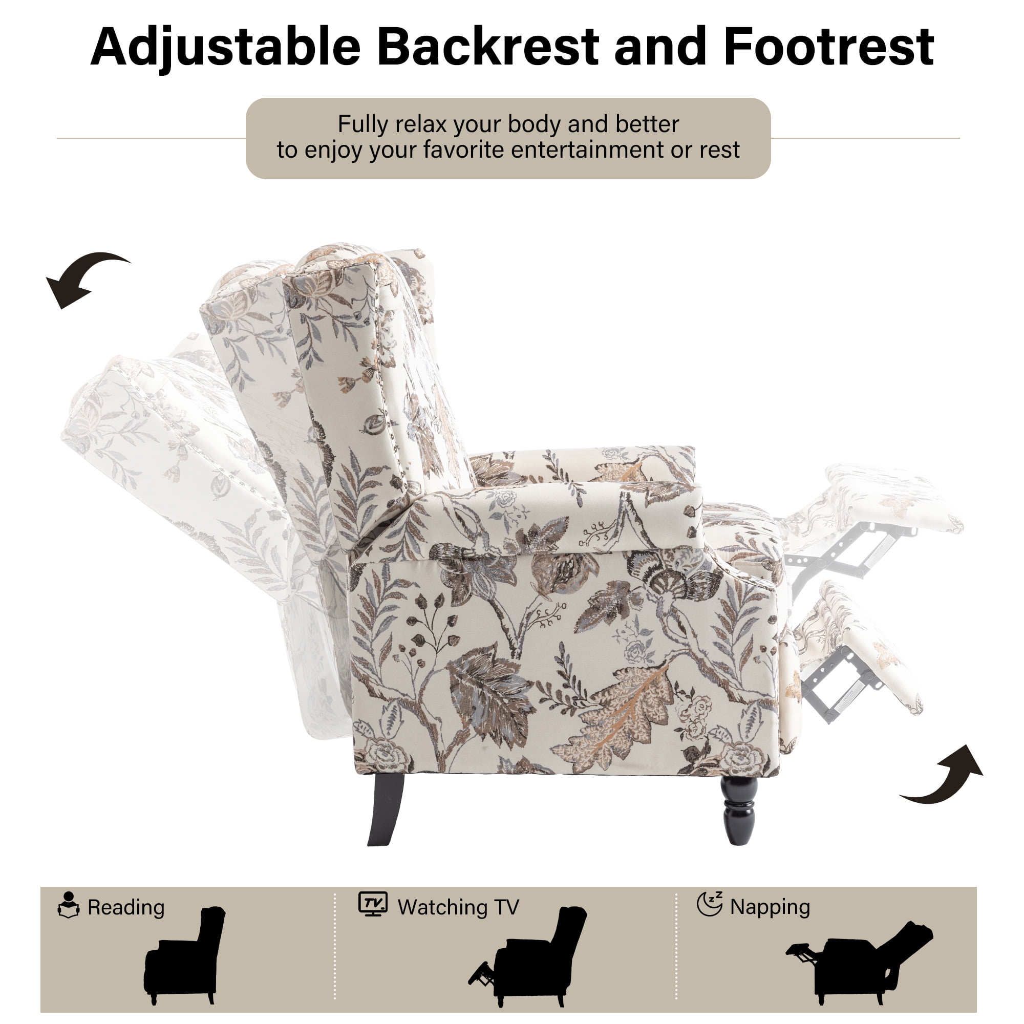 DREAMSIDEA Push Back Recliner Chair Set of 2 Living Room, Wingback Reclining Sofa Chair, Fabric Floral Recliner Reading Chair with Footrest for Living Room/Office/Apartment, Beige Plants
