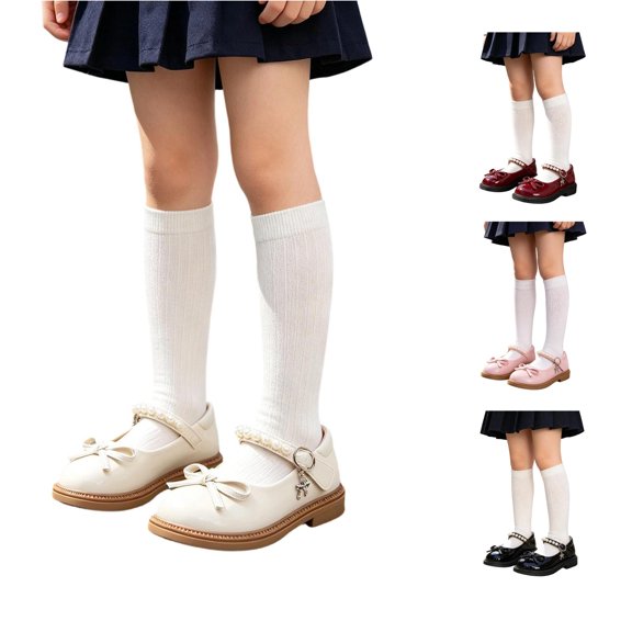 JAJAHO Girls Dress Shoes School Uniform Kids Mary Jane Shoes Bow Pearl Pu Leather Hook And Loop Flats Wedding Party Footwear 2-13Y