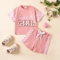thumbnail image 2 of Xyant Toddler Baby Girl Clothes Summer Outfit Plaid Patchwork Short Sleeve Letter Embroidery T Shirt Tops and Stretch Casual Shorts Set (Red,12-18 Months), 2 of 7