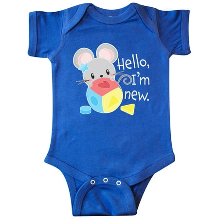 

Inktastic Hello I m New Cute Shy Mouse with Toy Gift Baby Boy or Baby Girl Bodysuit