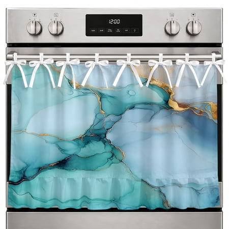 Farmhouse Oven Skirt Curtain Teal Marble Oven Curtain Tie Top Contemporary Ink Painted Abstract Art Stove Skirt Curtains with Ties&Ruffle Trim Dishwasher Skirts Curtains Cover for Cabinet 30 x21.5