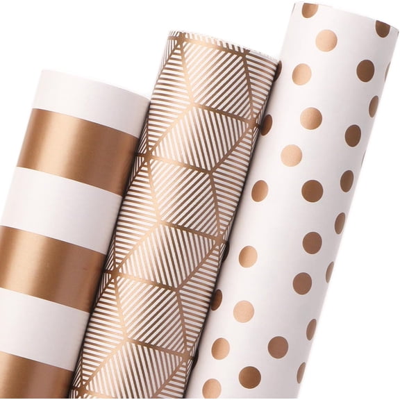 Birthday Wrapping Paper Matte Gold and White Gift Wrapping Paper for Christmas, 3 Rolls Polka Dots Stripes Geometry - Mini Roll 17 inch x 120 inch(10feet) Per Roll