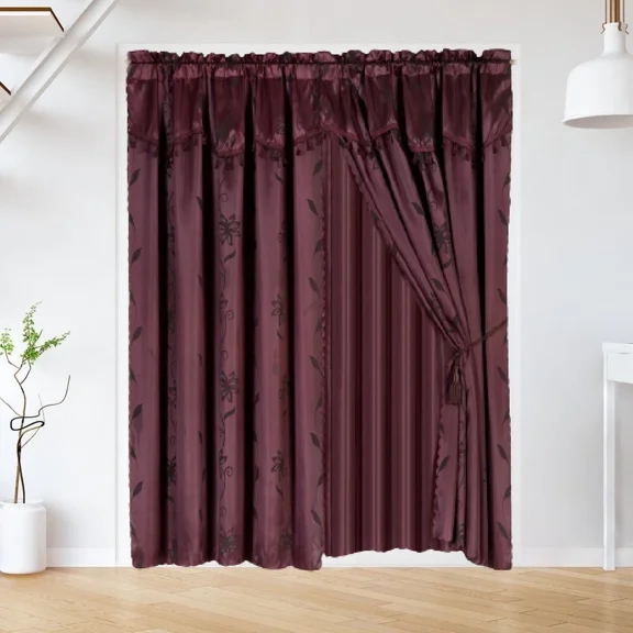 Burgundy Complete Lxury Window Curtain Set 2 Panels 60 " Wide X 84" Length each Rod Pocket Floral Design for Large Window Any Room Nada