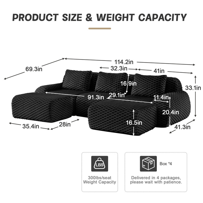 114" Modern U-Shaped Modular Sectional Sofa for Living Room,Flannelette Fabric,Oversized 3-Seater Couch,boneless sofa ,Movable Ottoman,Buckle connection,Anti-slip Design,No Assembly,Black