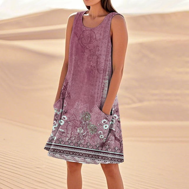 WILLBEST Vestidos De Verano Vestido De Lino Para Mujer Vestido De Playa Informal Hasta La Rodilla Vestido Sin Mangas Vestido Casual Estampado De Verano Con Bolsillos