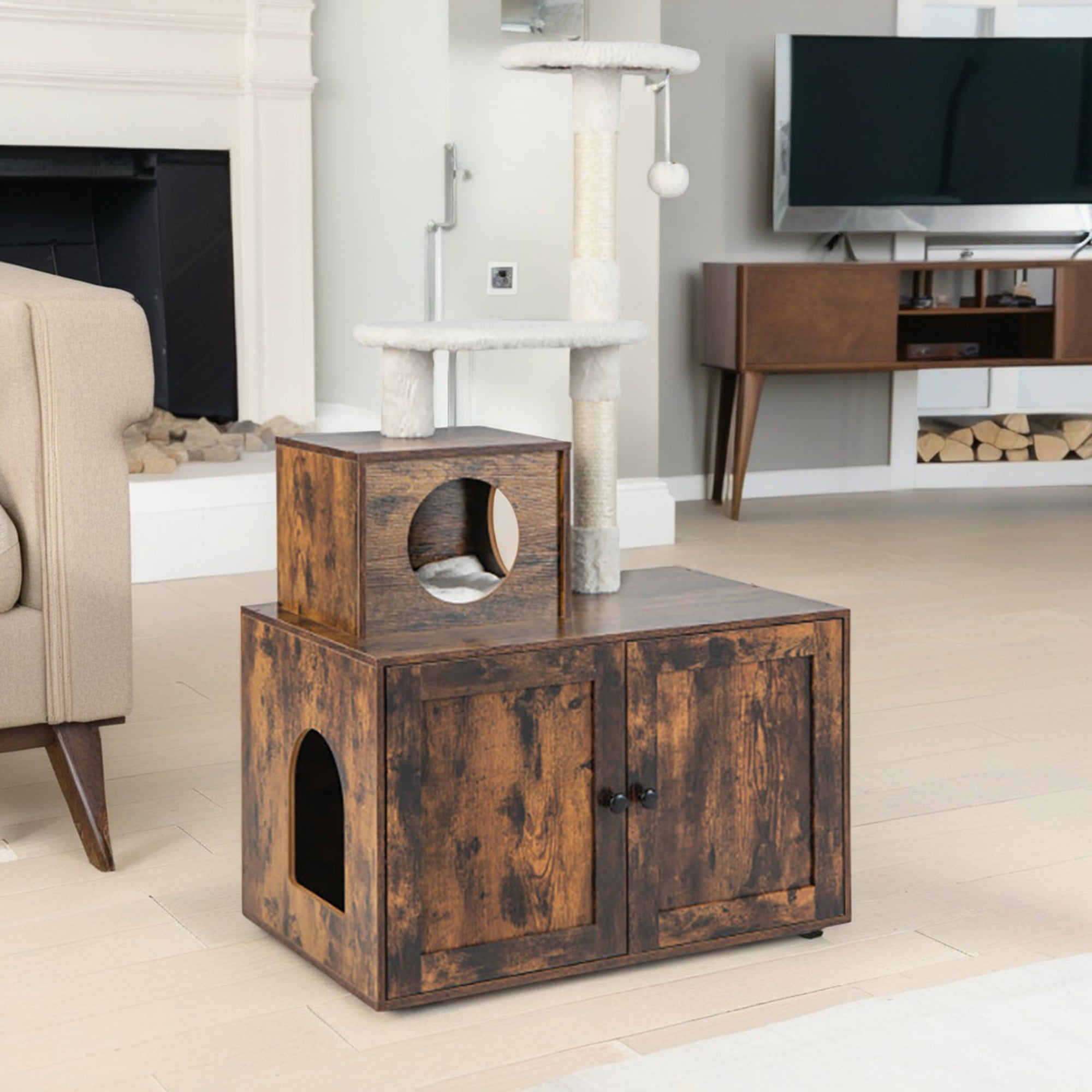 resenkos 52" Cat Tree with Wood Litter Box Enclosure, All-in-one Indoor Cat Furniture with Large Platform and Condo, Modern Style Cat Tower, Brown