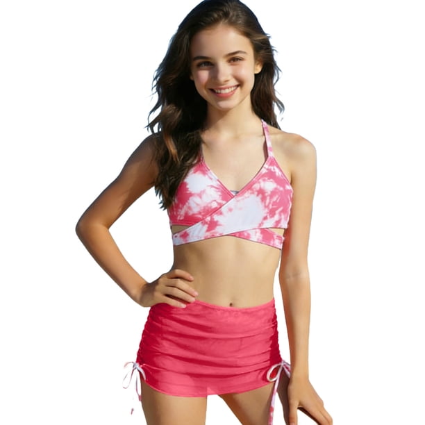 Conjunto de Pantalones Cortos de Bebé para Niños Estilo de Falda de Impresión de Verano Batik Conjunto de Trajes de Baño de Tres Piezas, Conjuntos Cortos para Niñas