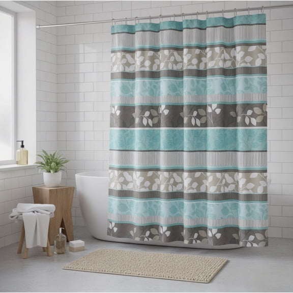 Serafina Home Aqua Blue Polyester Shower Curtain, Primitive Striped Floral, 70 x 72 Inches, Washable