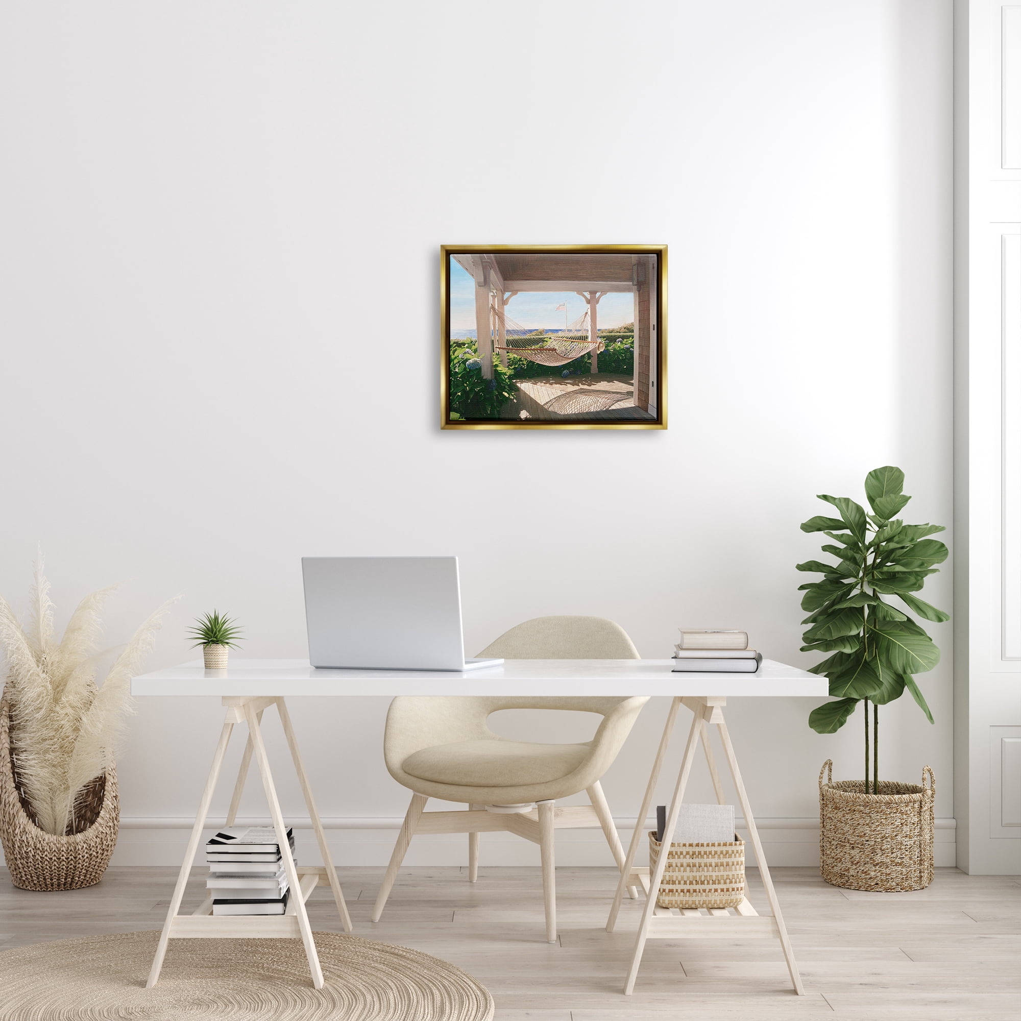 Stupell Industries Tranquil Hammock Warm Sunlit Porch Rural Garden Painting Metallic Gold Floating Framed Canvas Print Wall Art, Design by Tom Mielko