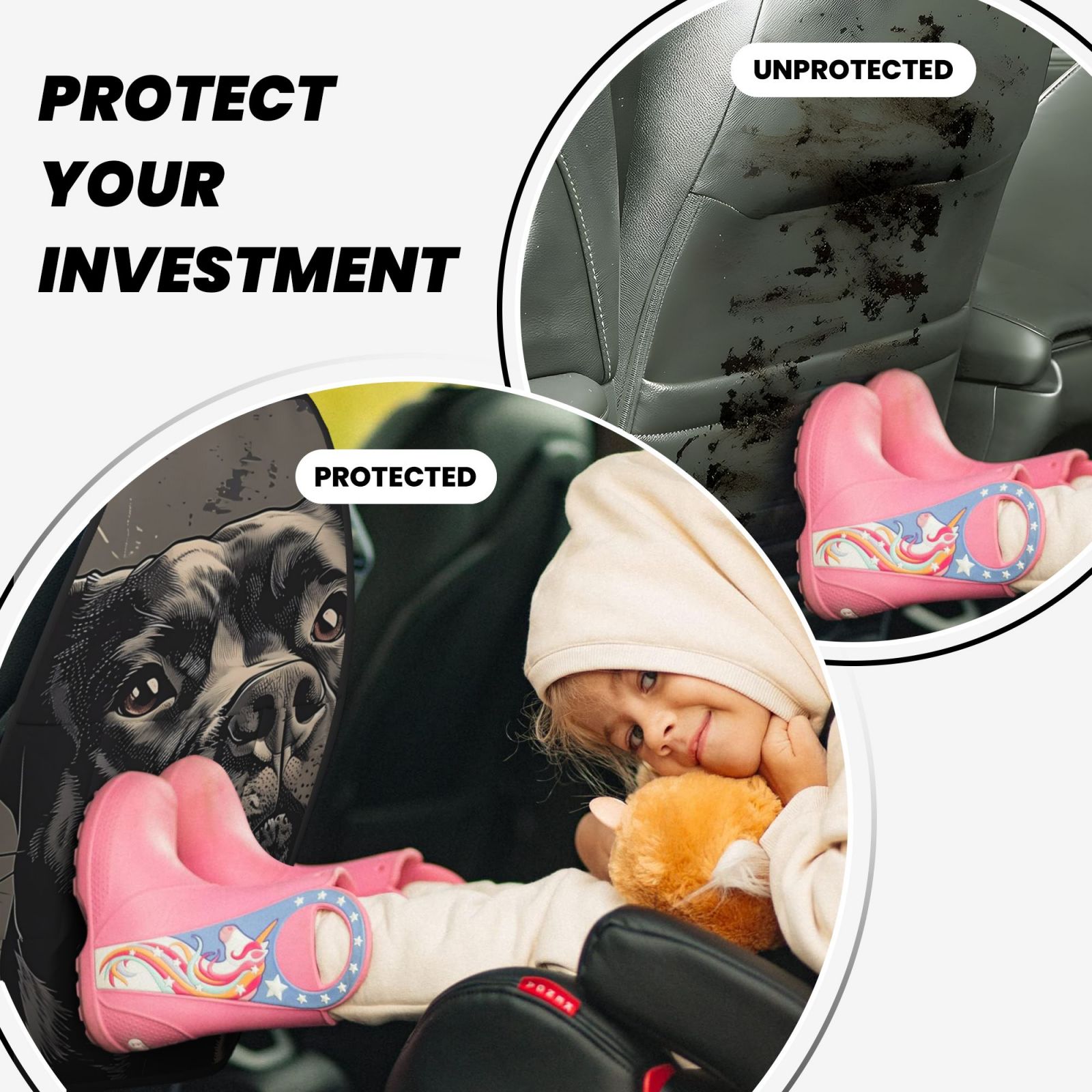 Kdxio Vintage Dog Illustration Print 2 Pack Car Kick Mat Seat Cover Back Protector Mat with Pockets for Organizer Backseat Protector and Storage Anti Kick Pad for Vehicles