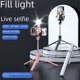 thumbnail image 1 of Trípode para selfies con teléfono móvil de 1,4/1,7 metros de largo, soporte en vivo con trémolo, luz para fotografía en el suelo integrada, 1 of 5