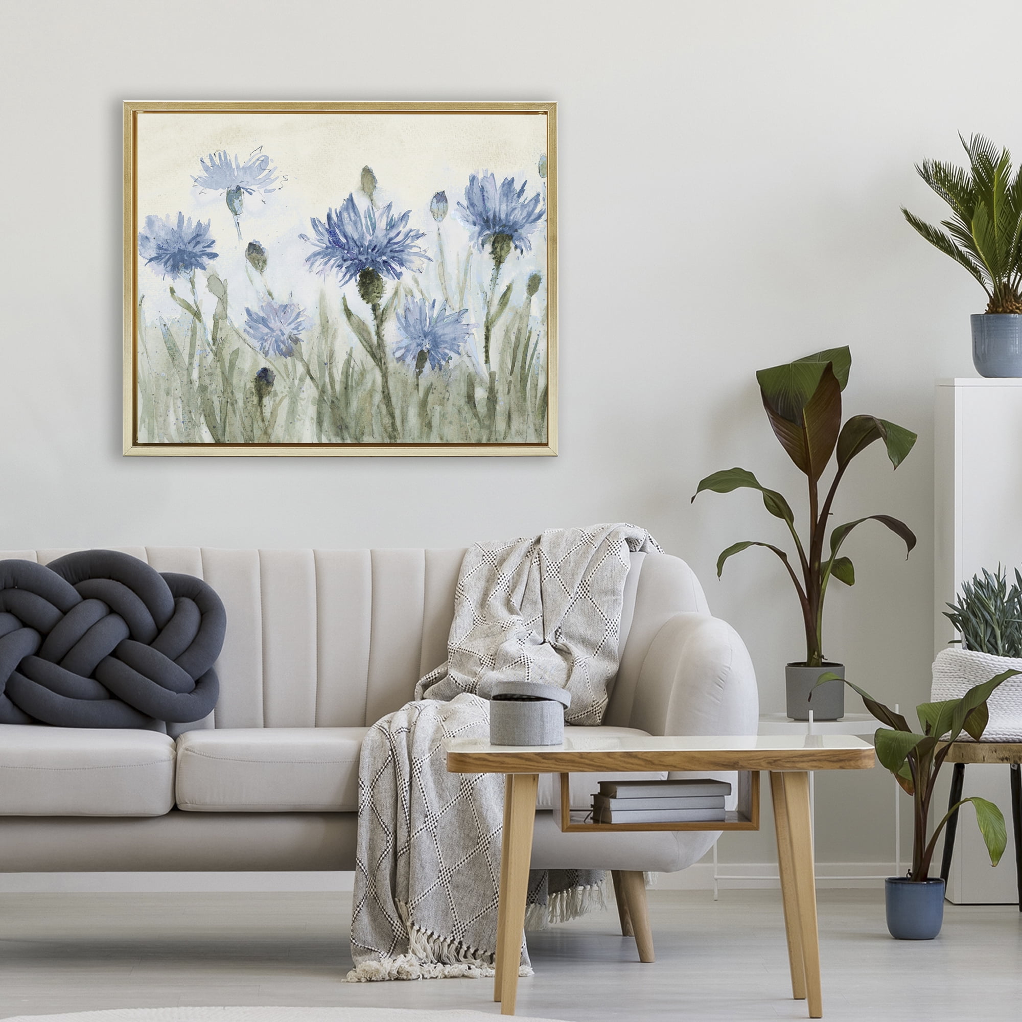 Stupell Industries Blue Cornflowers Meadow Gold Framed Floater Canvas Wall Art, design by Lanie Loreth