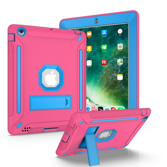 Allytech Silicone Case for iPad 4 / iPad 3/ iPad 2, Three Layers Silicone PC Heavy Duty Defender Kickstand Feature Shockproof Case Cover for Apple iPad 2nd/3rd/4th Generation, Rose Blue