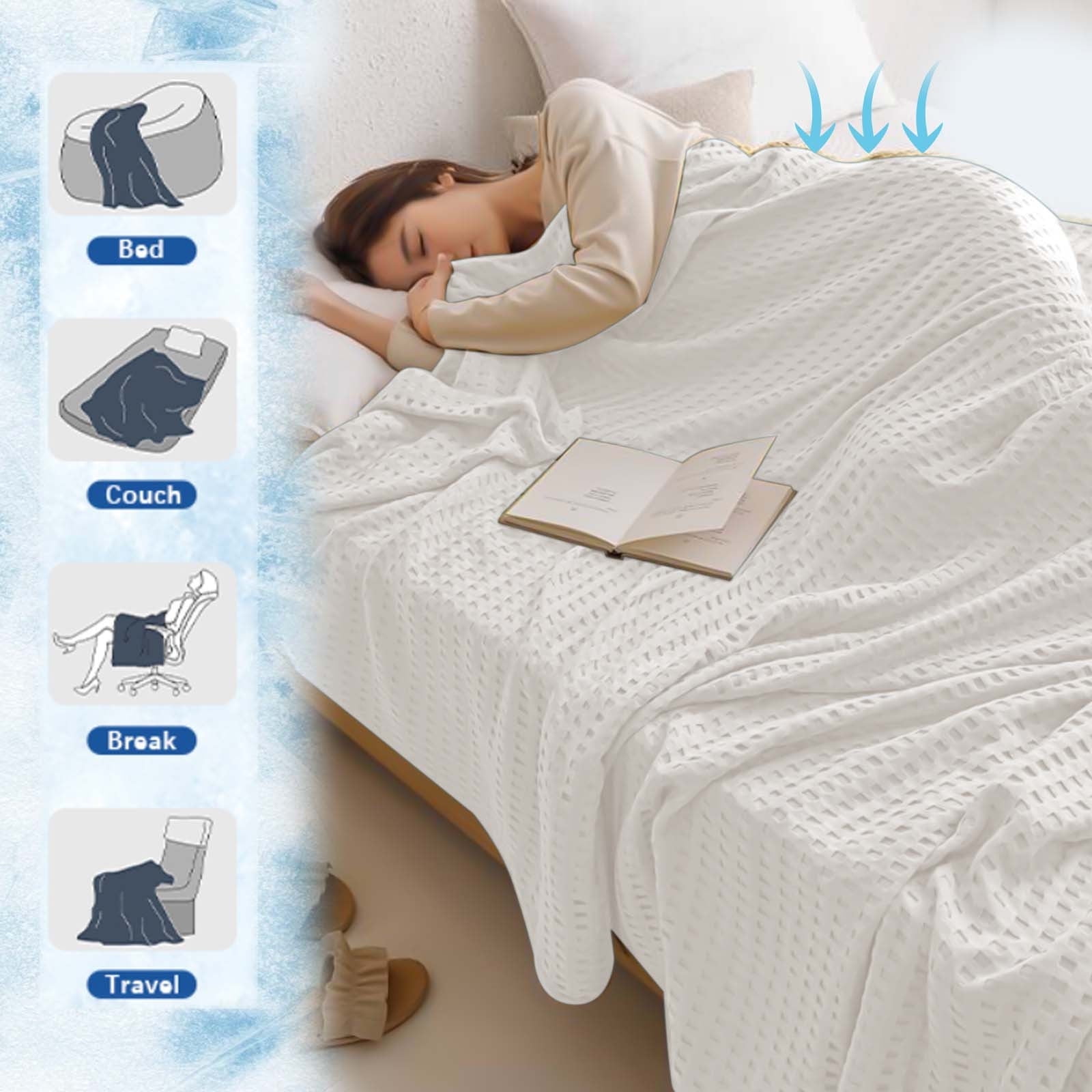 Loyerfyivos Cotton Blankets Queen Size for Bed - Waffle Weave Blankets for Summer, Lightweight and Breathable Soft Woven Blankets for Spring, White, 43.31x51.18in (White)