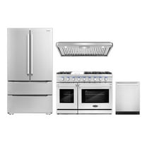 Cosmo 4 Piece Kitchen Appliance Package with 48" Freestanding Gas Range 48" Under Cabinet Range Hood 24" Built-in Dishwasher & 48 Bottle Freestanding Wine Refrigerator Kitchen Appliance Bundles