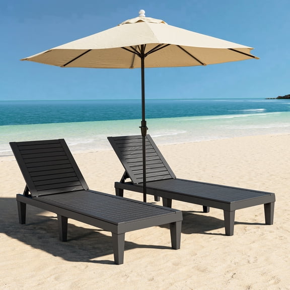 Bifanuo Outdoor Chaise Lounge Chair Set of 2,Waterproof Resin Lounger with 5-Positions Adjustable Backrest for Outside Pool Patio and Beach, Black