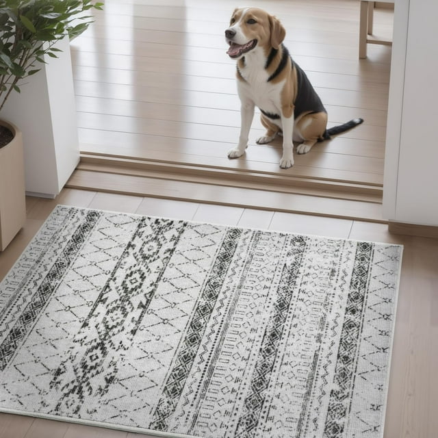 Boho Area Rug 2x3 Carpet-Rugs for Living Room Door Mat Indoor Entryway Bedroom Modern Moroccan Washable Rugs for Bedroom Distressed Neutral Rug Black