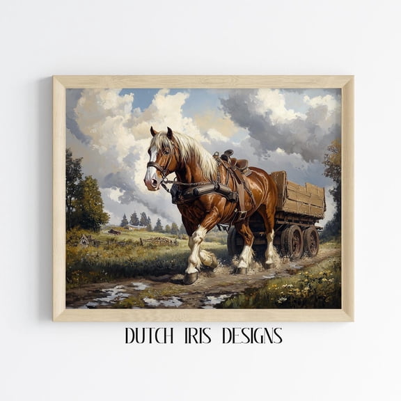 Rustic Clydesdale Horse Wall Art, Vintage Farm Scene, Majestic Horse With Wagon, Countryside Decor, 483 Home Decor #2008, Unframed Poster Size 8x12
