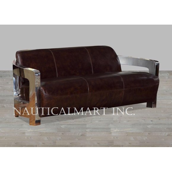 Nauticalmart Collection 79" Brown Leather Top Grain Vintage Sofa Chrome Arms