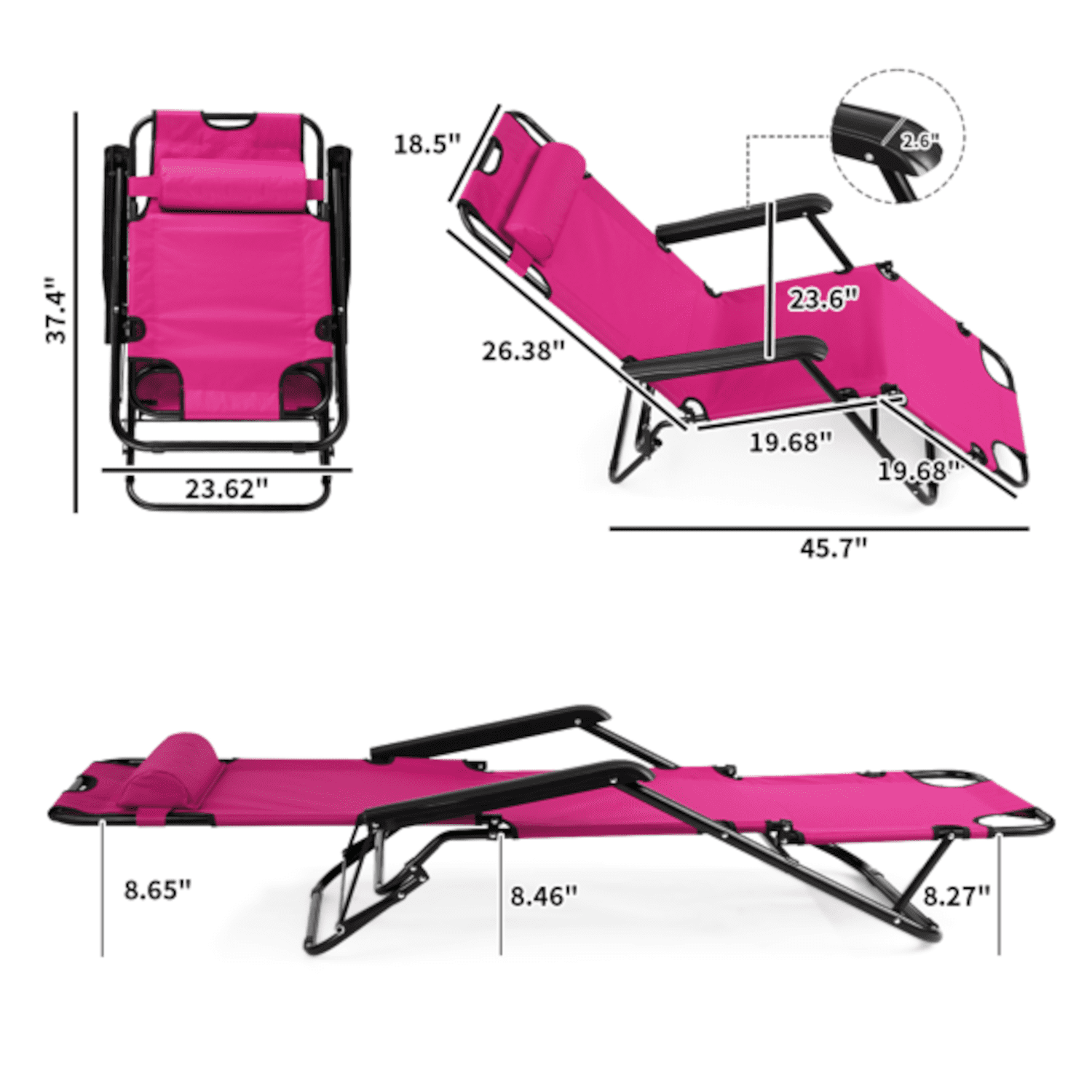 Alvantor 2-in-1 Folding Lounge Chair with Adjustable Recline, Pillow and Armrests, Pink